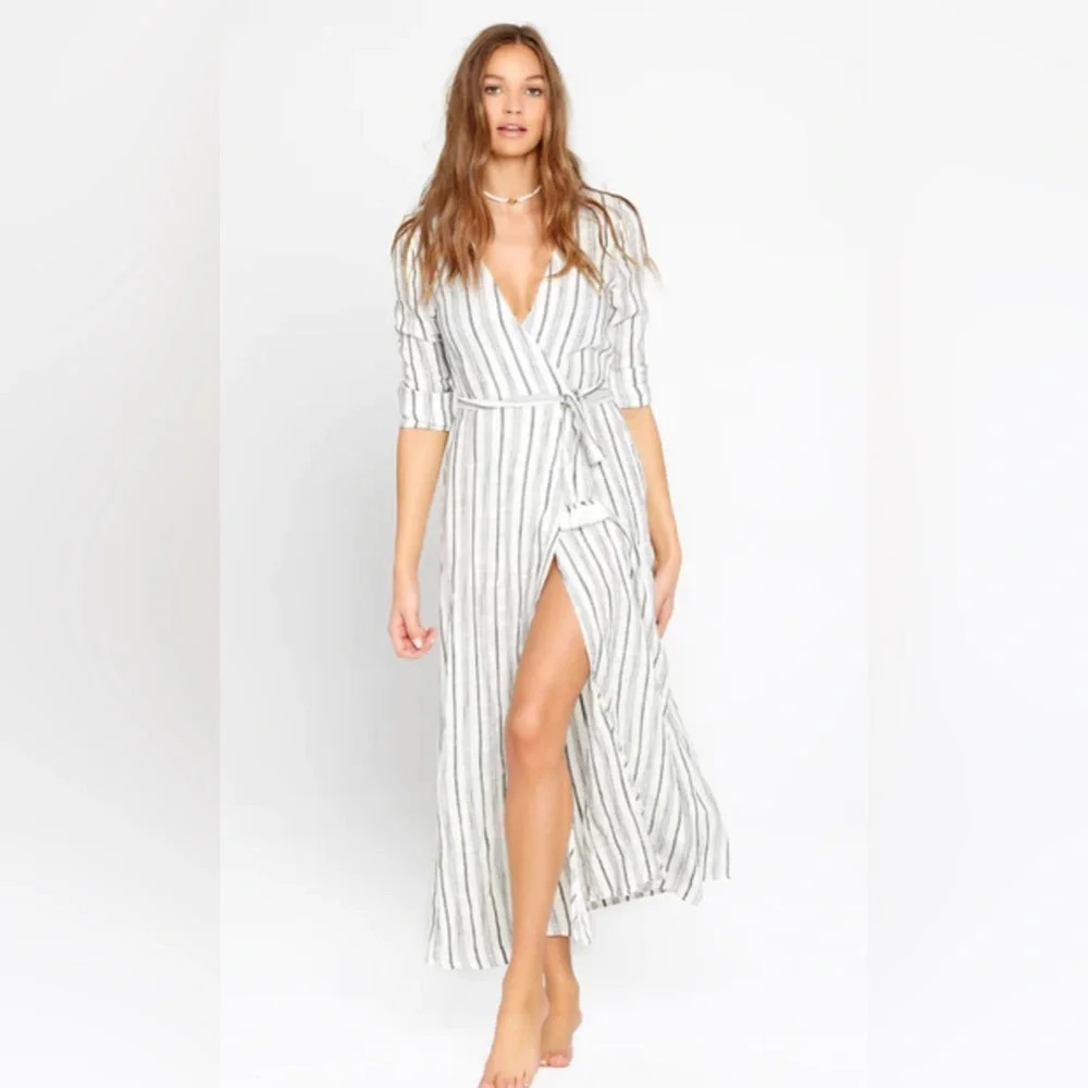 L Space Tybee V Neck Long Sleeve Woven Wrap Maxi Swim Coverup Dress Size small